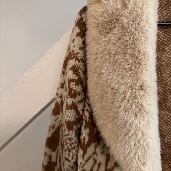 Happily Grey Faux Fur Floral Beige Brown Long Cardigan - Picture 4 of 4